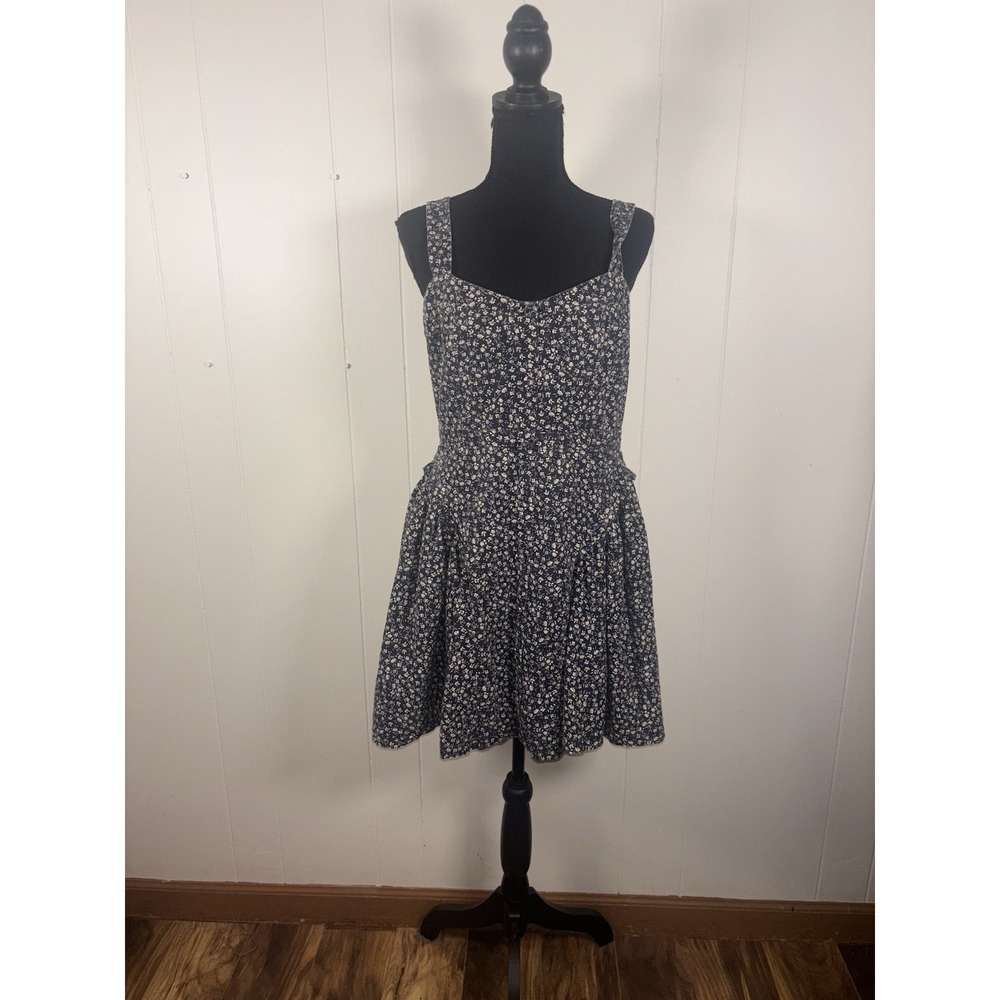 english factory printed bustier dress linen blend sleeveless blue floral Medium